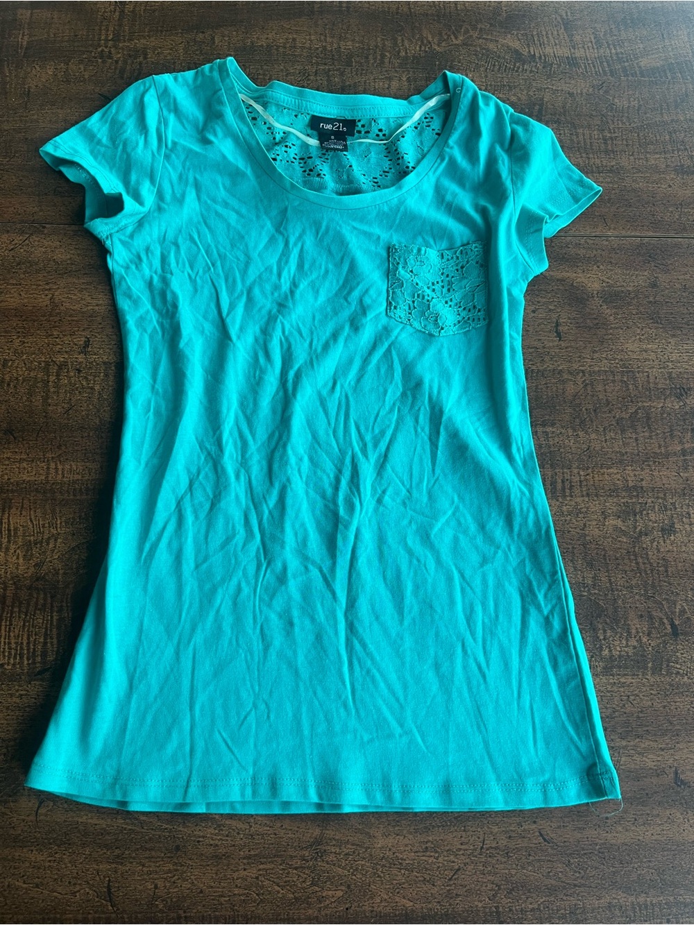 Rue 21 Aqua Eyelet Lace Pocket Short Sleeve Tee Shirt Top S Coquette Feminine